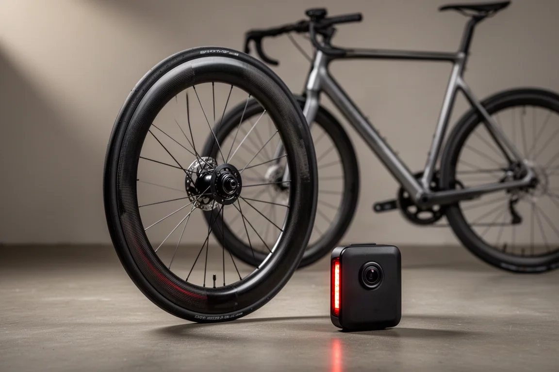Carbon disc wheel with wide road tire and compact radar tail light on a concrete floor