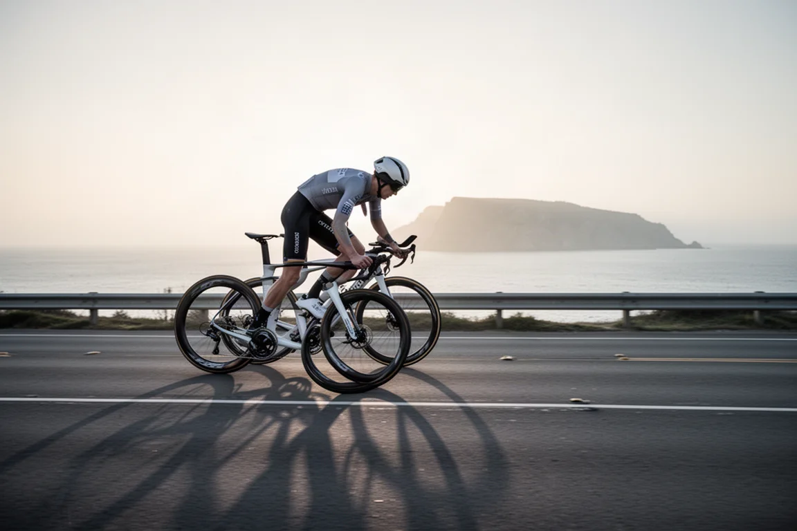 Wielrenner op een aeroracefiets op een lege kustweg bij het eerste ochtendlicht