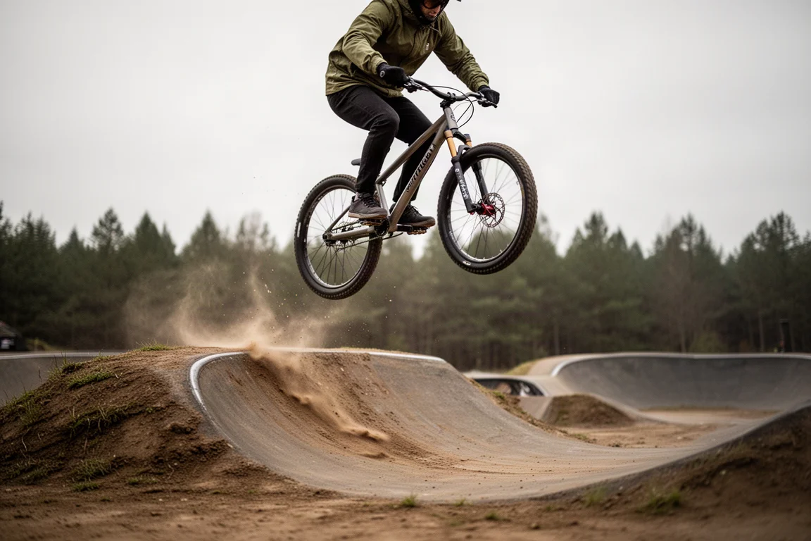 Biker in de lucht boven een gevormde dirt jump op een pumptrack bij bewolkt weer