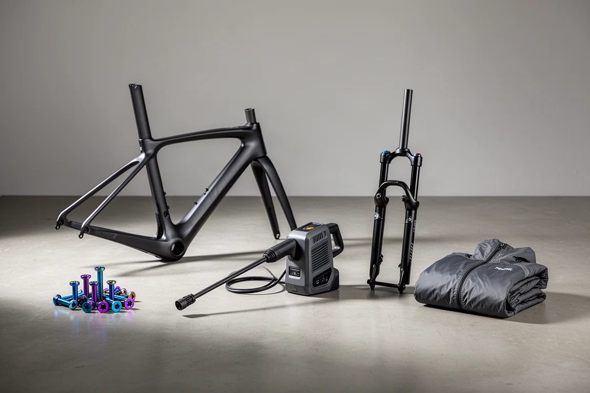 Vijf fietsproducten op een betonnen ondergrond: titanium bouten, een aeroframe voor de racefiets, een hogedrukreiniger, een verende vork en een waterdicht jack