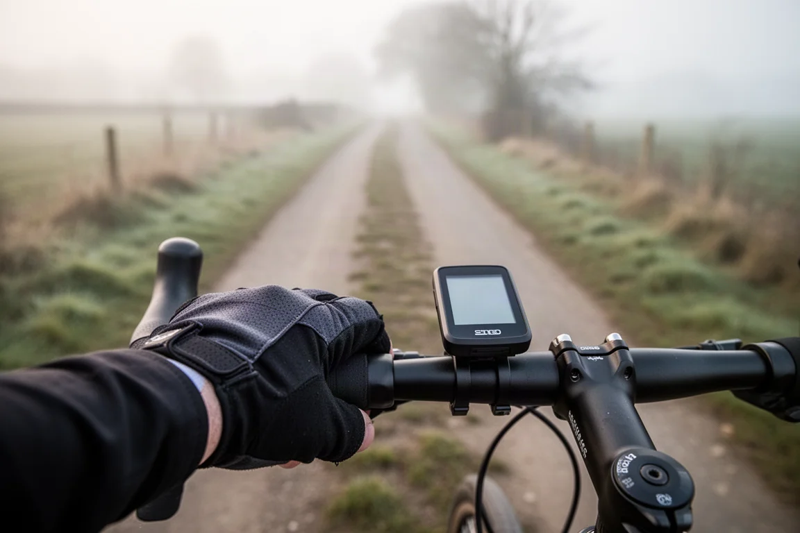 Ciclista verificando um ciclocomputador montado no guidão em uma estrada tranquila no campo
