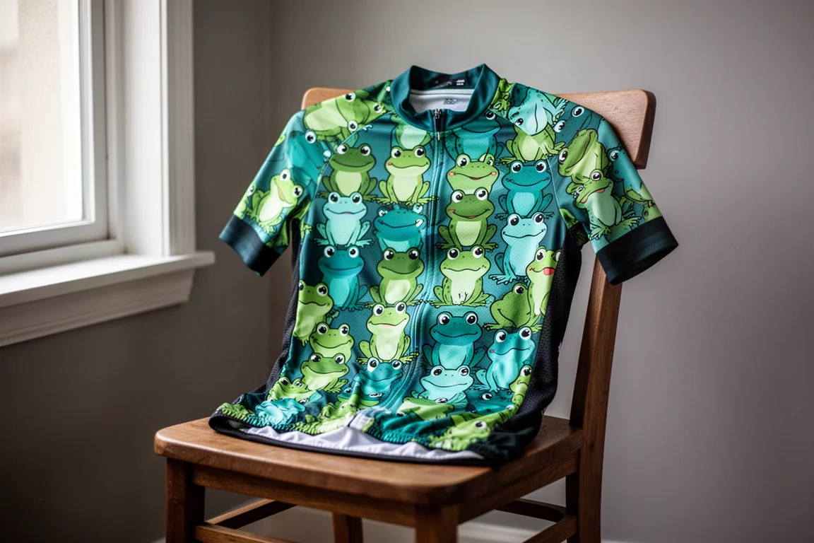 Camisa de ciclismo com estampa colorida e padrão de sapo jogada sobre uma cadeira