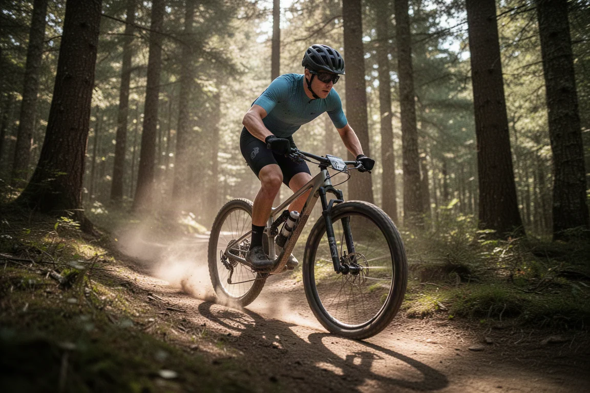 Ciclista de mountain bike em uma hardtail em uma trilha de floresta iluminada pelo sol