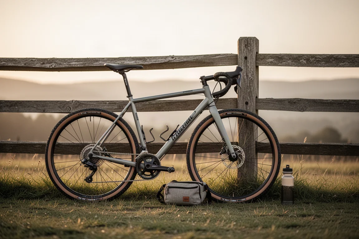 Vélo gravel appuyé contre une clôture avec une sacoche de hanche et un bidon à côté
