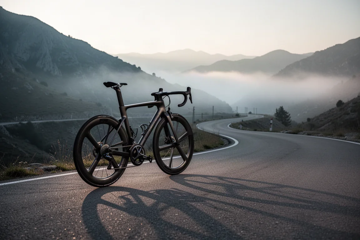 Vélo de route en carbone sur un col sinueux à l'aube