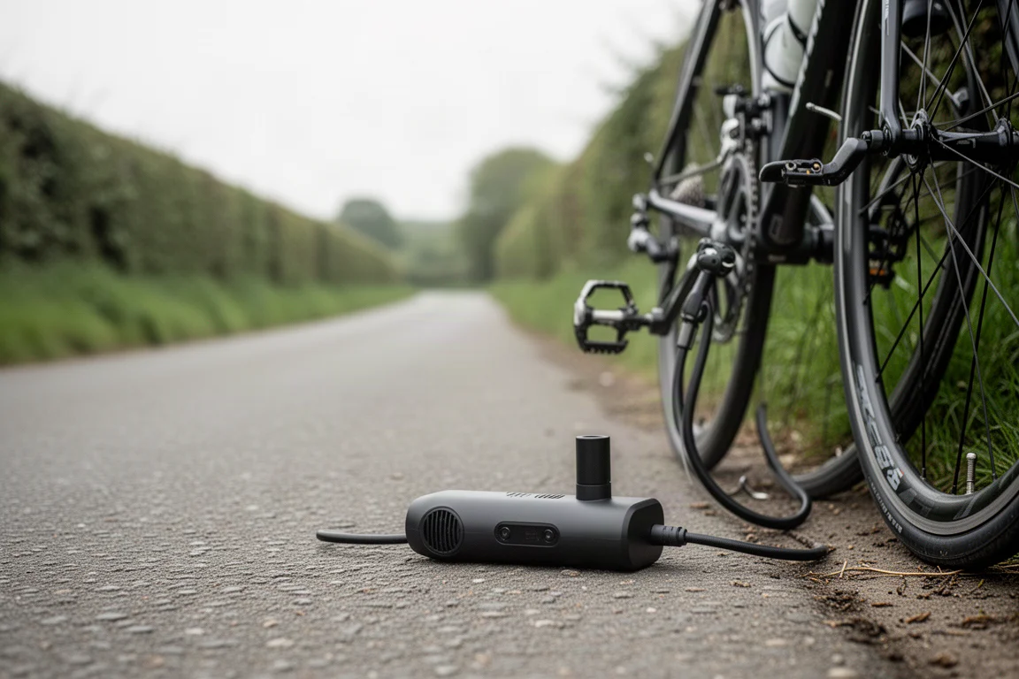 Compact electric tire inflator and a road bike on the roadside in daylight
