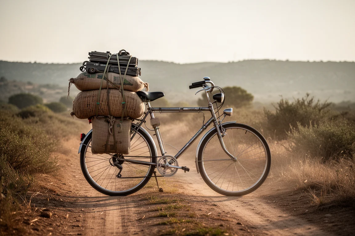 Loaded utility bicycle on a rural dirt road carrying sacks and equipment