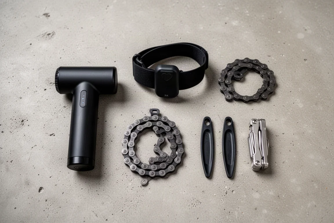 Flat lay of cycling tools including inflator, heart rate strap and chain links
