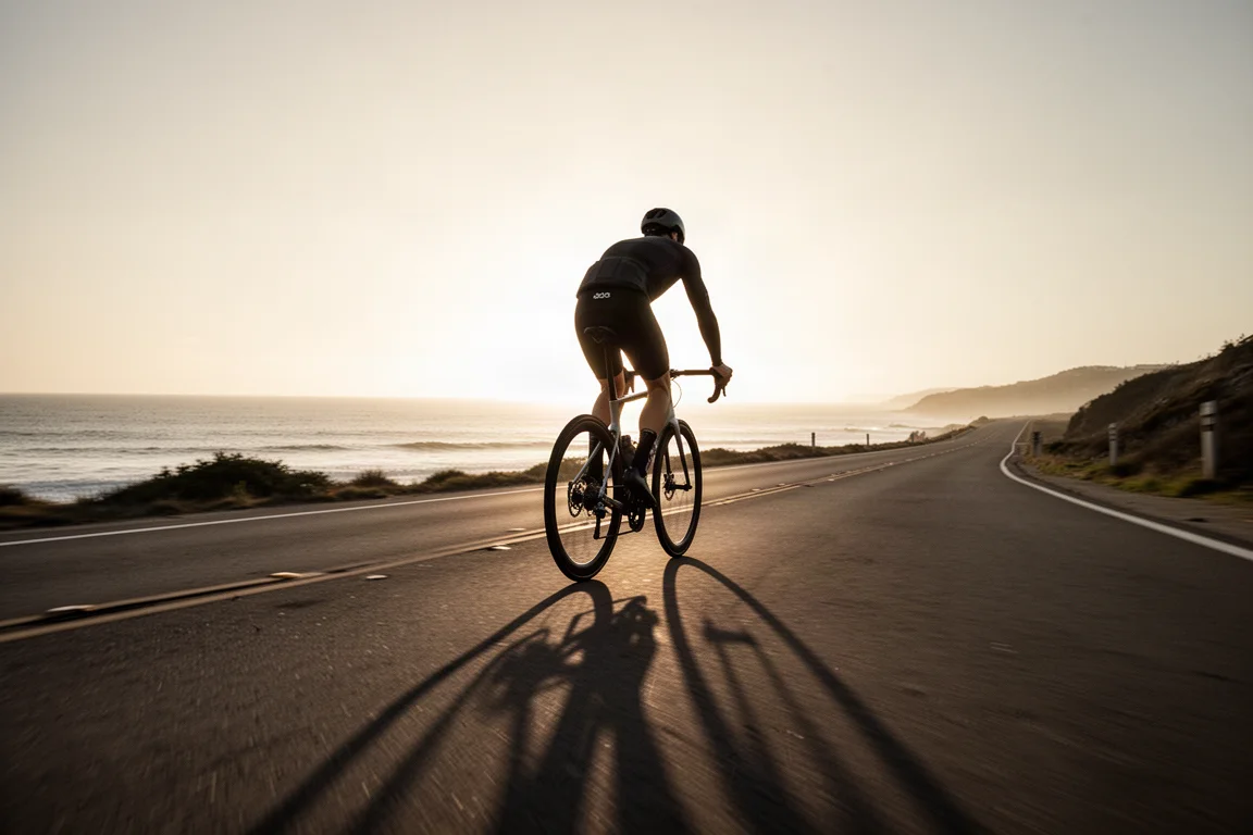 Ciclista de carretera rodando a toda velocidad por una carretera costera a la hora dorada