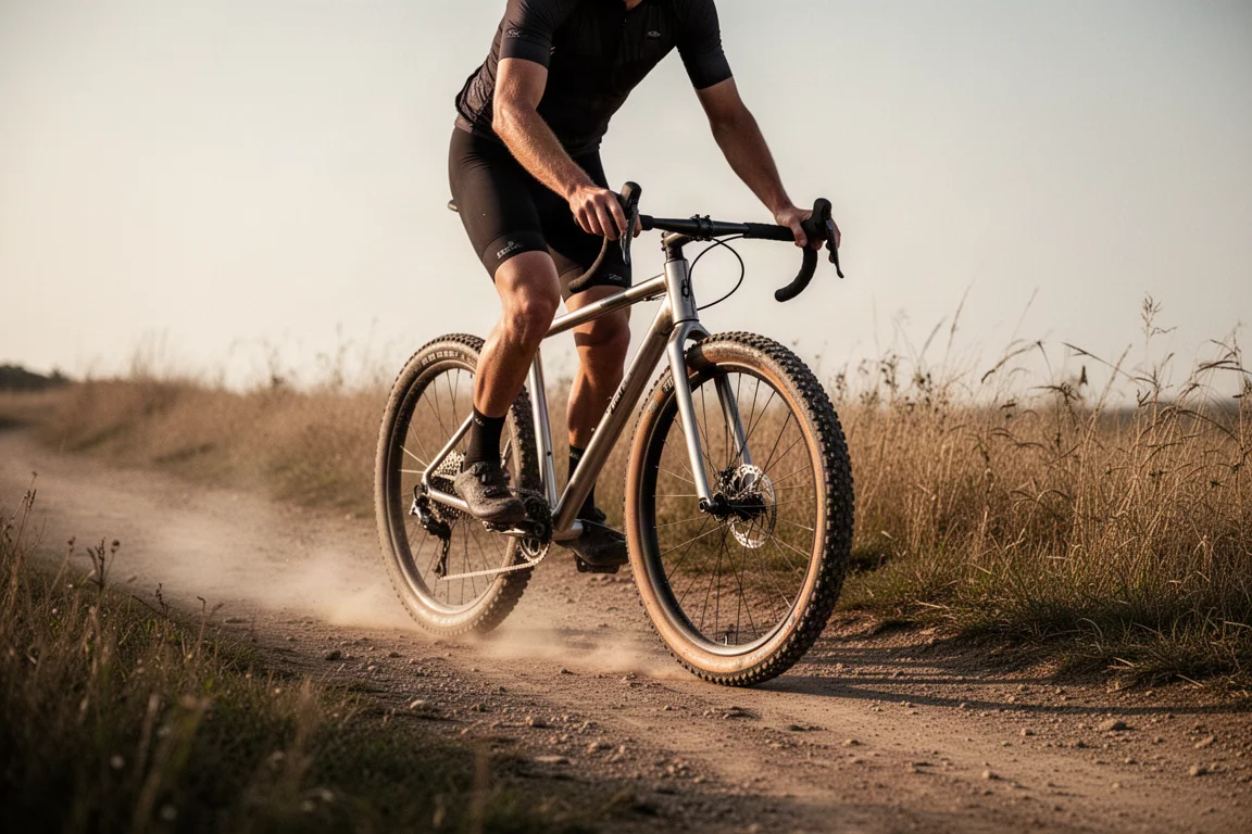 Ciclista de gravel empujando una bicicleta de titanio por un camino de tierra a última hora de la tarde