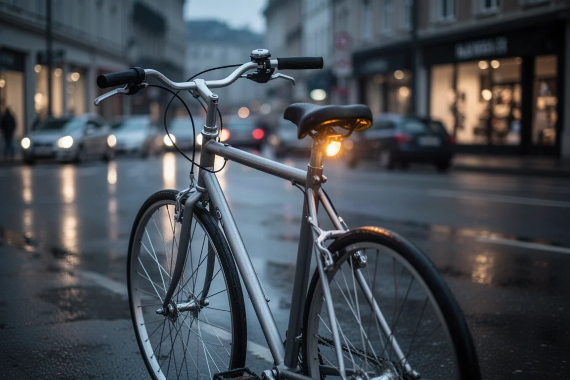 Bicicleta apoyada contra una pared de hormigón mientras un chorro de agua cruza el encuadre