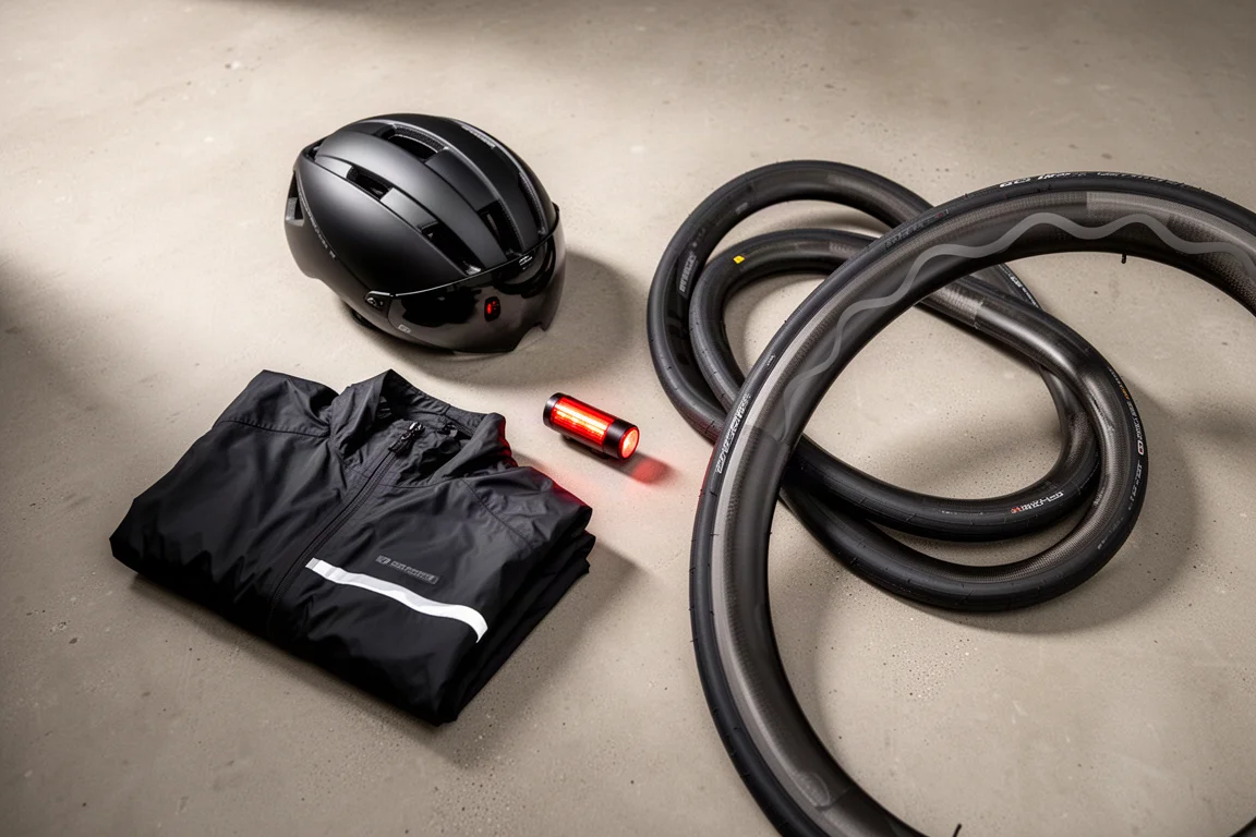 Cycling head unit, carbon wheel rim and compact pressure washer arranged on concrete