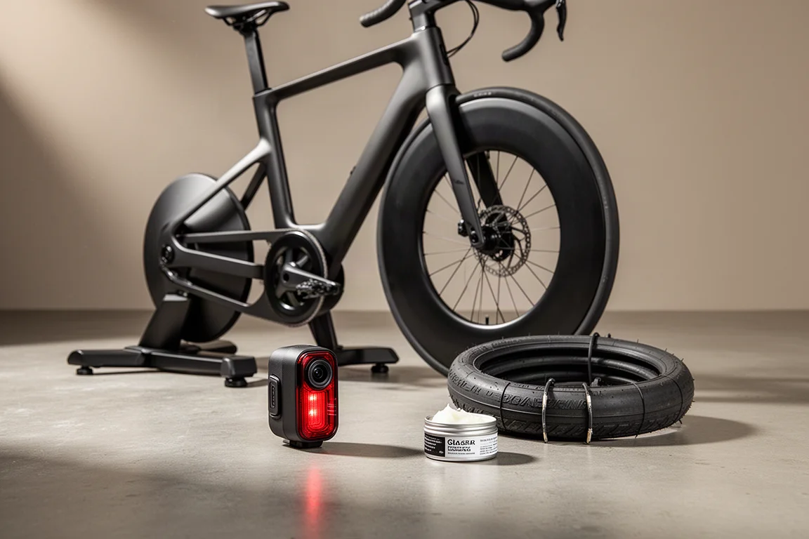 Smart cykel, skivhjul, baklykta, landsvägsdäck och vaxburk uppställda på ett betonggolv