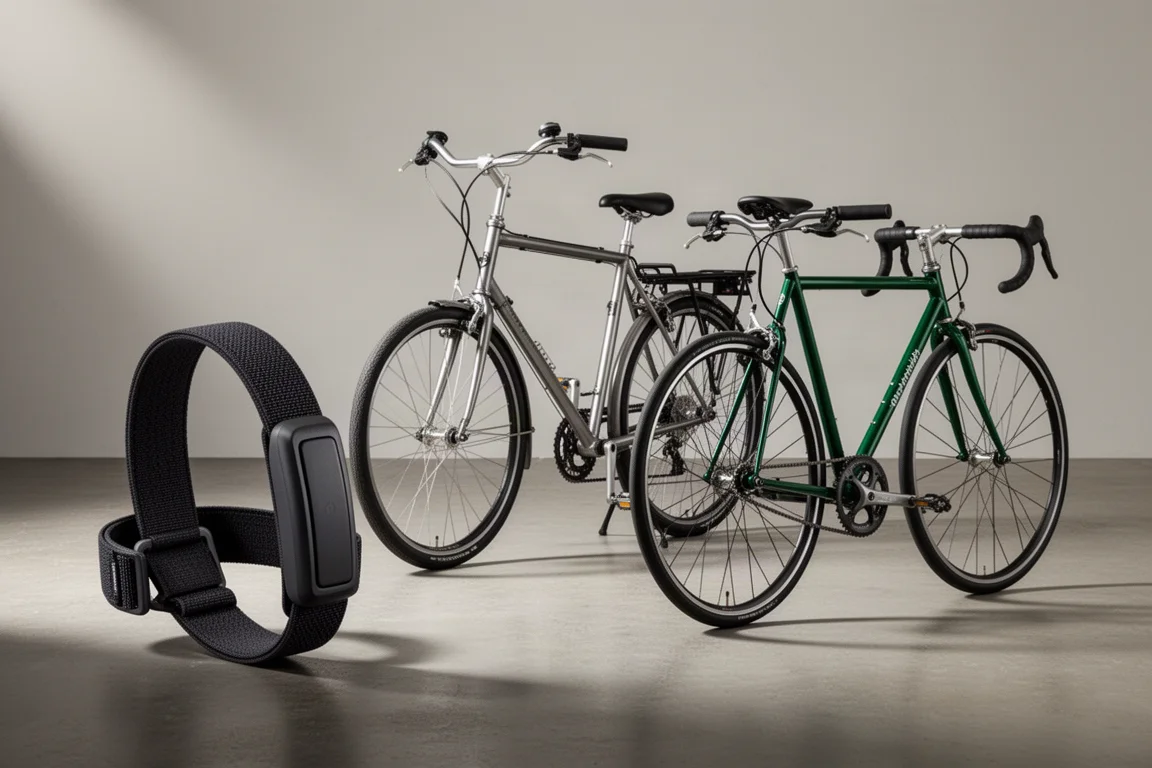 Pulsband med bröstrem, stål-nyttocykel och grön aluminiumlandsvägscykel på ett betonggolv