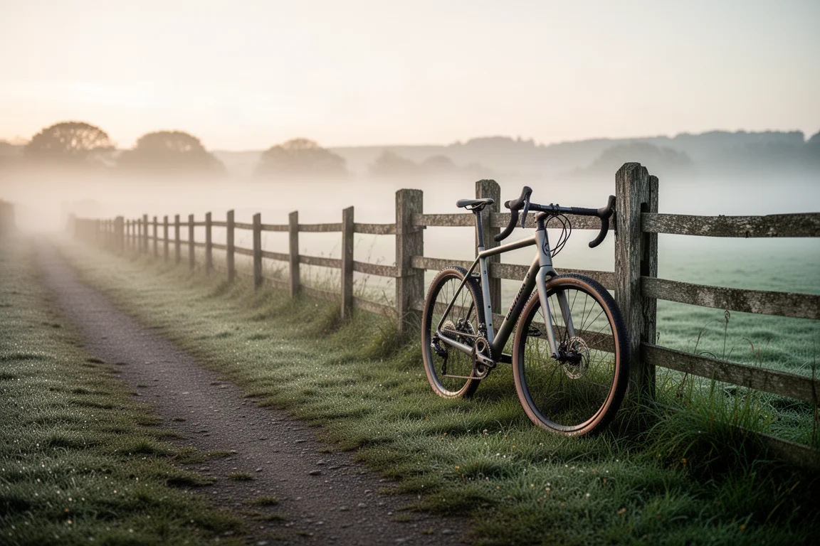 Bicicleta de gravel encostada em uma cerca de madeira em uma estrada rural vazia ao nascer do sol