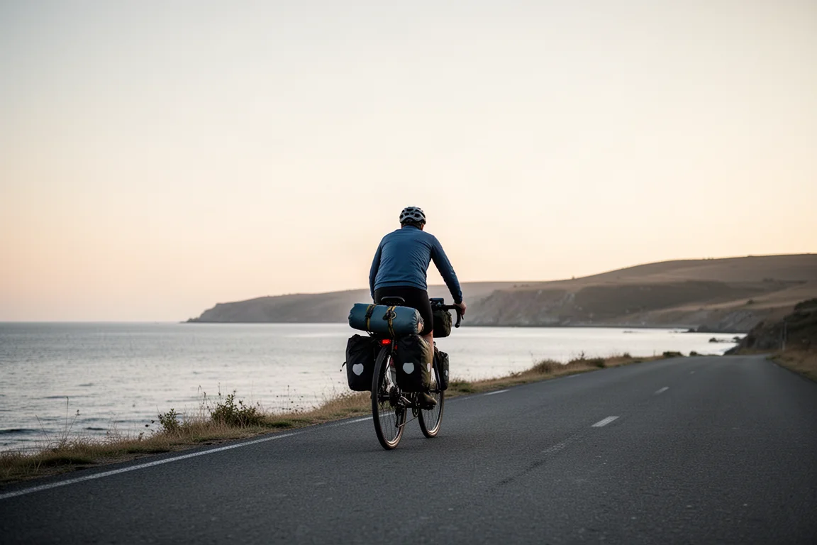 Cicloturista pedalando uma bicicleta carregada por uma estrada costeira ao amanhecer
