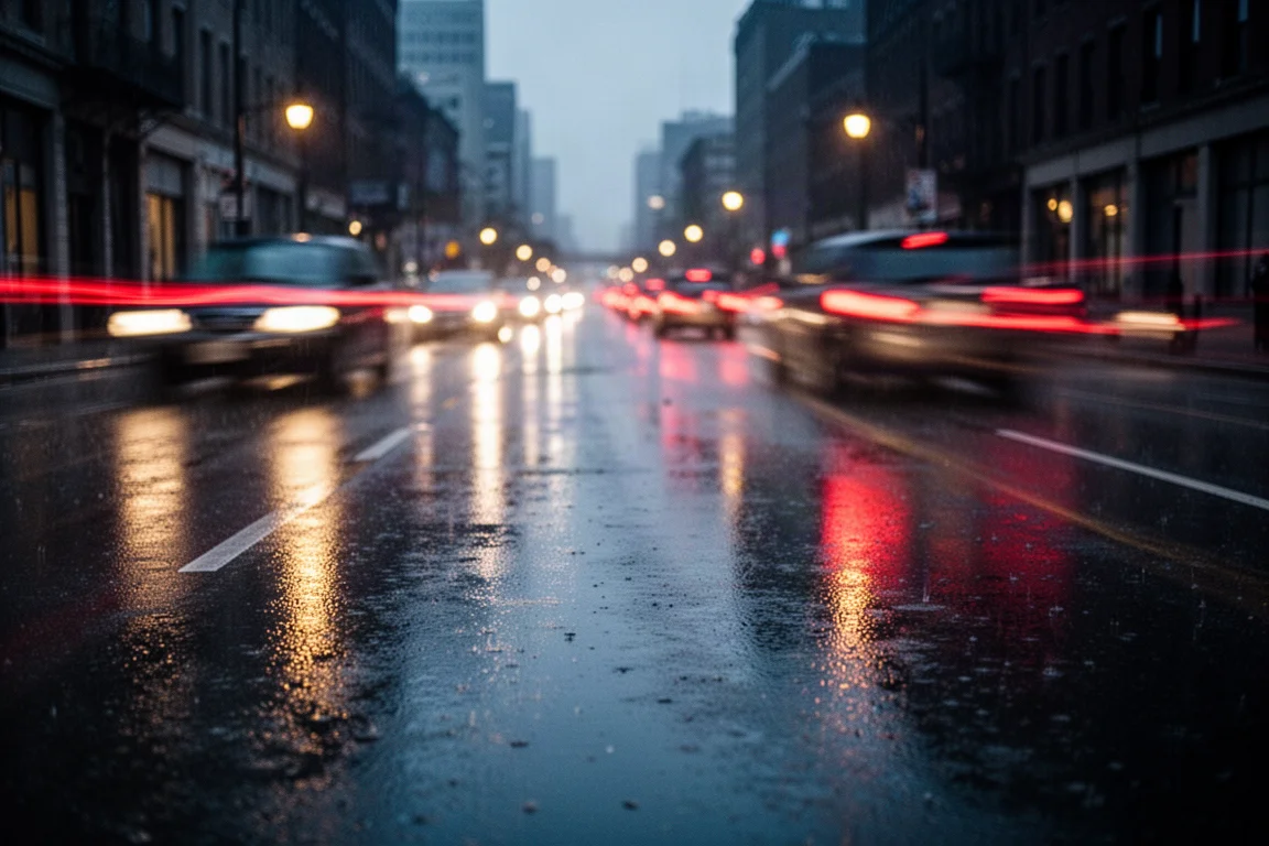Rua da cidade molhada pela chuva ao anoitecer com luzes de veículos desfocadas e reflexos