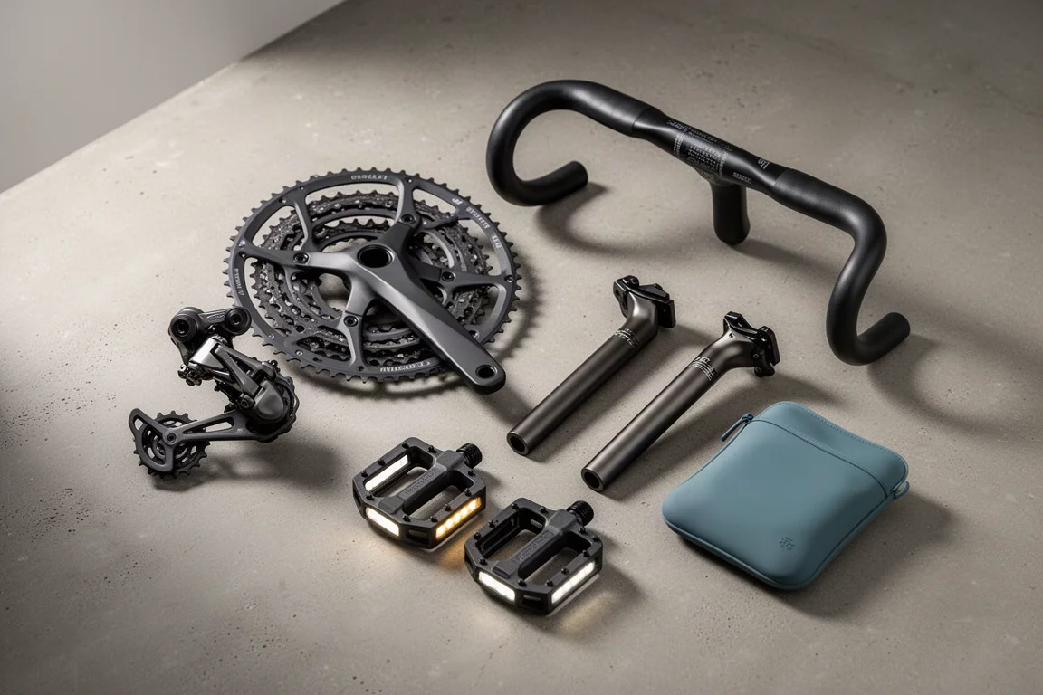 Cycling upgrade components arranged on a concrete surface