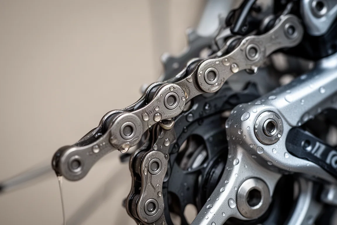 Primer plano de una cadena de bicicleta reluciente con una fina película de lubricante