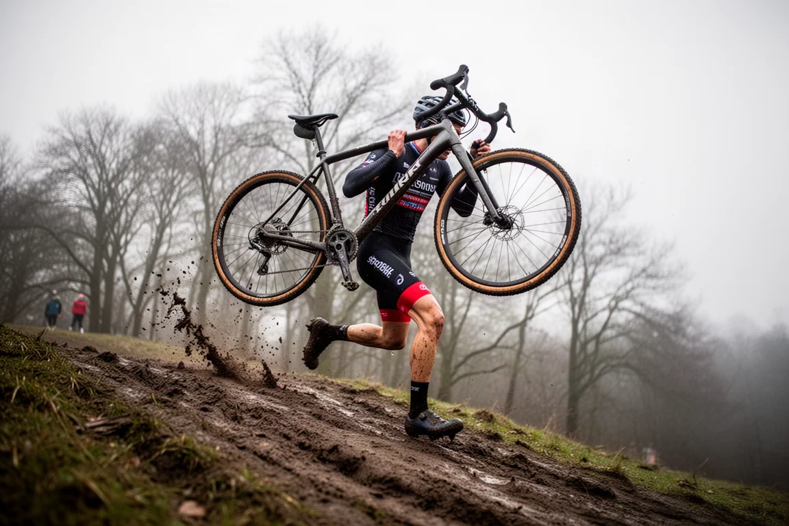 Ciclista de ciclocross correndo com a bike em uma rampa enlameada sob luz de inverno