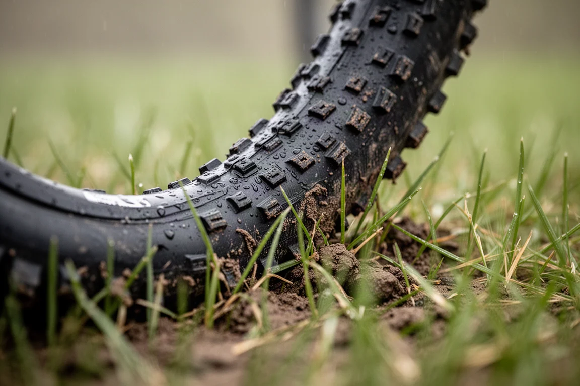 Close da banda de rodagem de um pneu de ciclocross pressionando grama úmida e lama