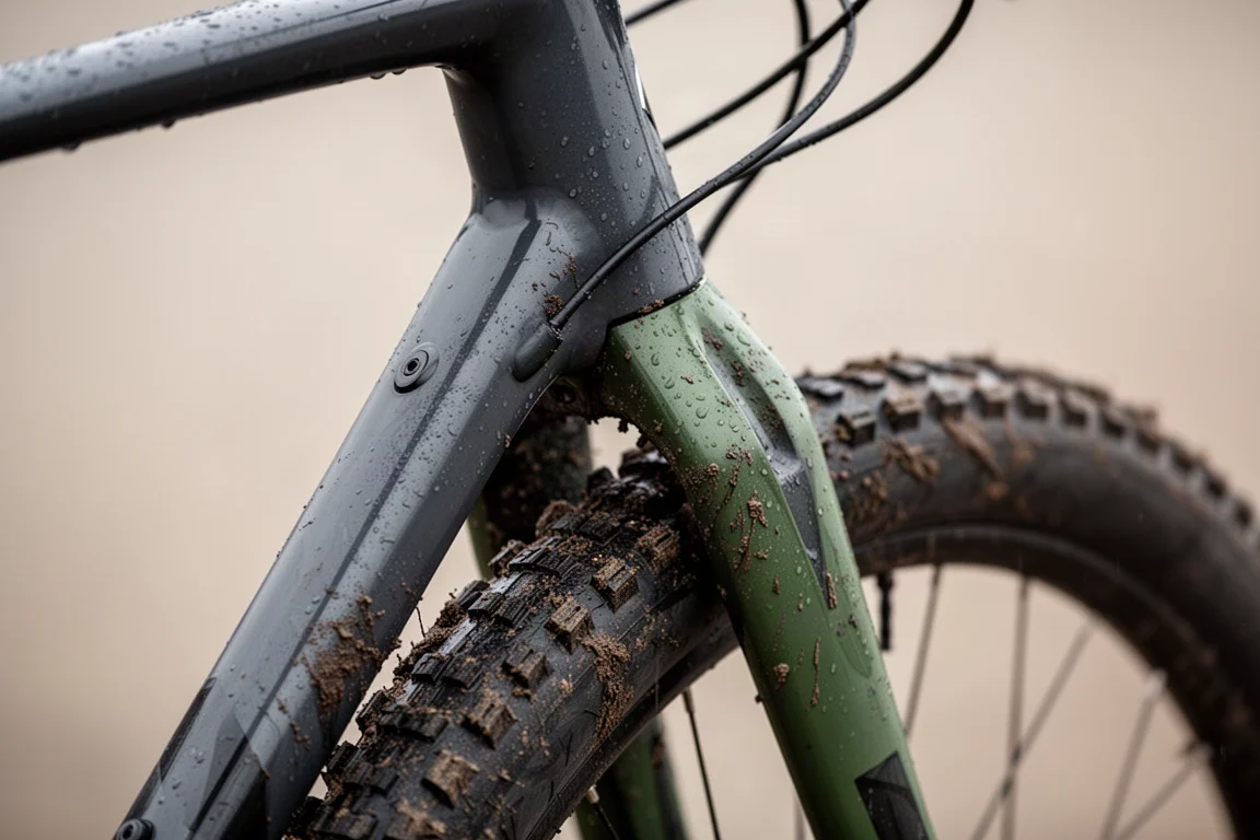 Detalhe de um quadro de bike com ampla folga para lama ao redor de um pneu cravado