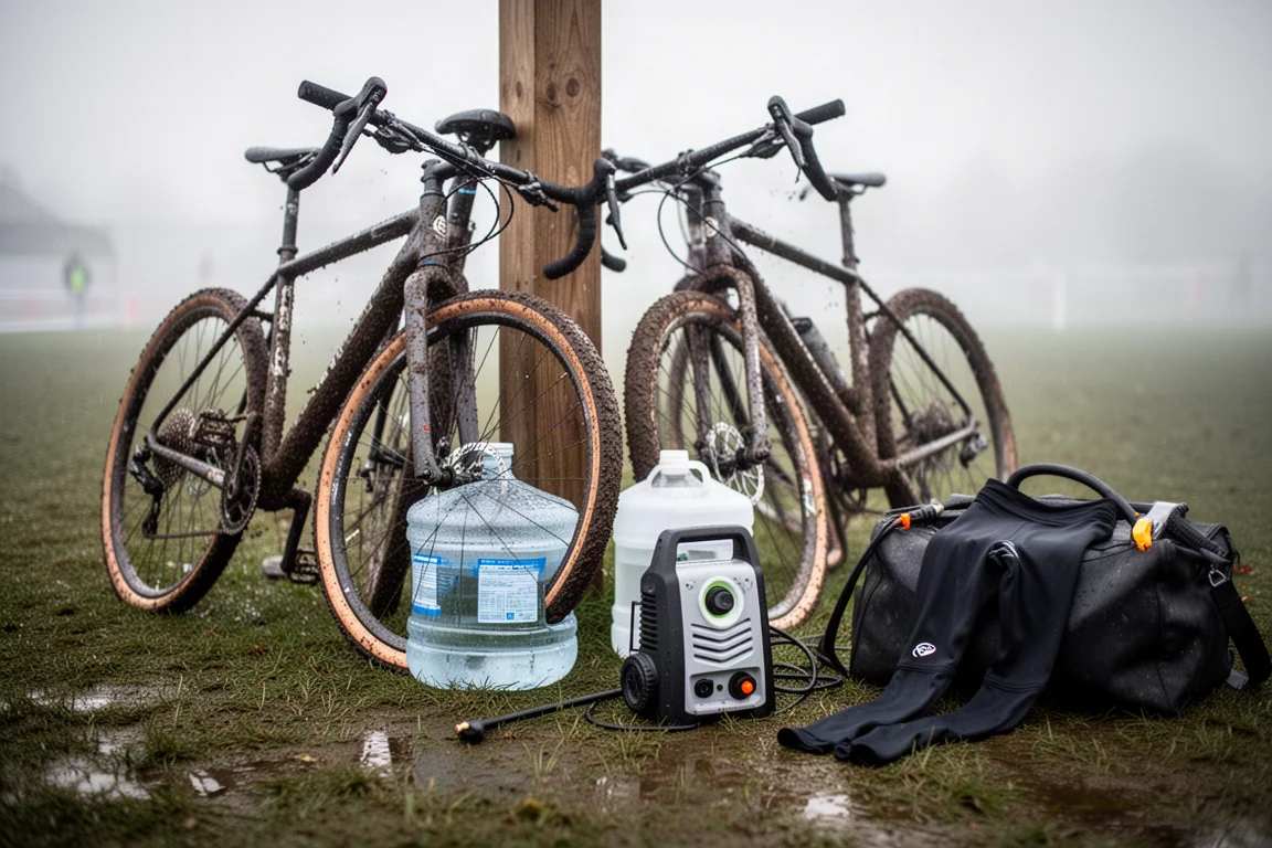Área de pit de prova com bikes, reservatórios de água e uma lavadora de pressão na grama molhada