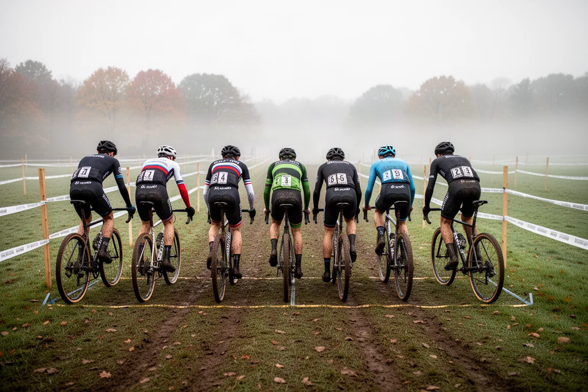 Cyclocross riders lined up on a misty grassy start grid