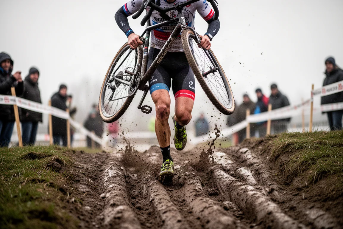 Cyclocross rider running up a muddy bank with a bike shouldered
