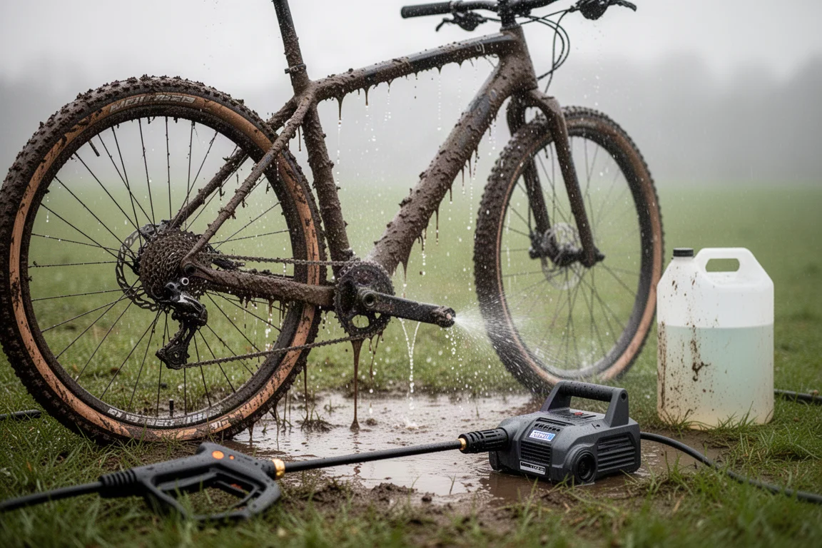 Muddy cyclocross bike being rinsed with a pressure washer in a pit area