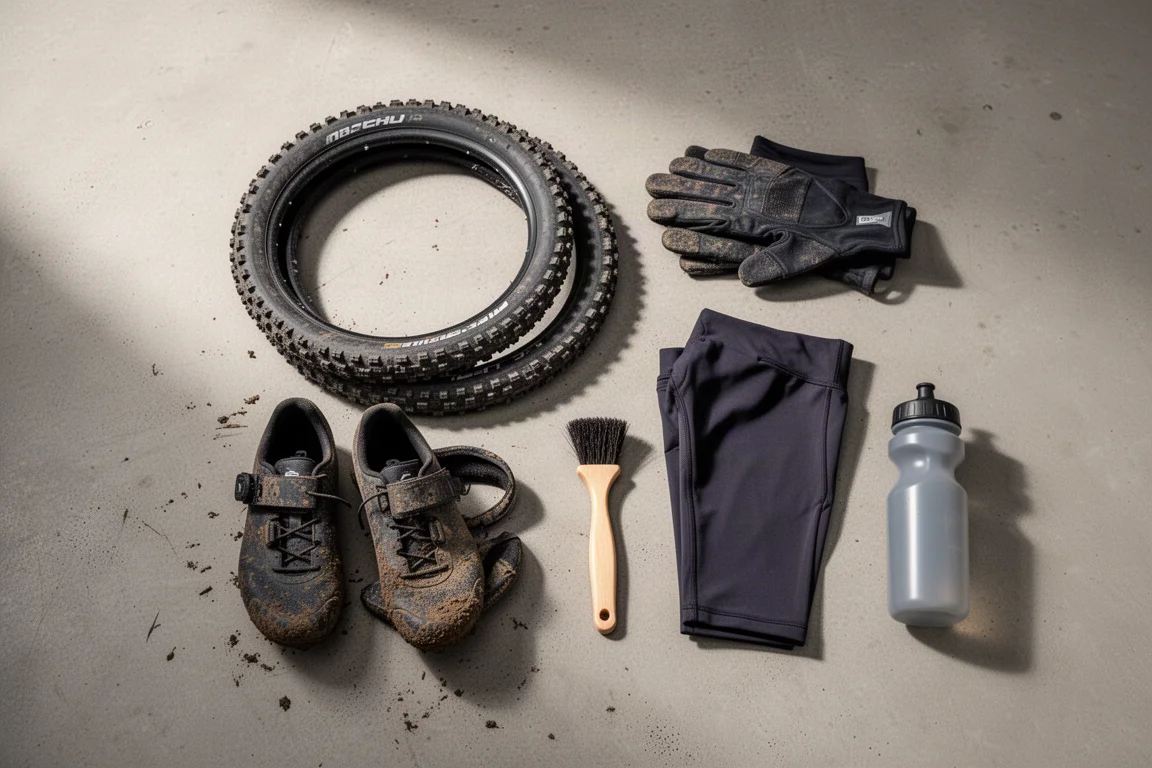 Flat-lay of cyclocross race-day kit on a concrete surface