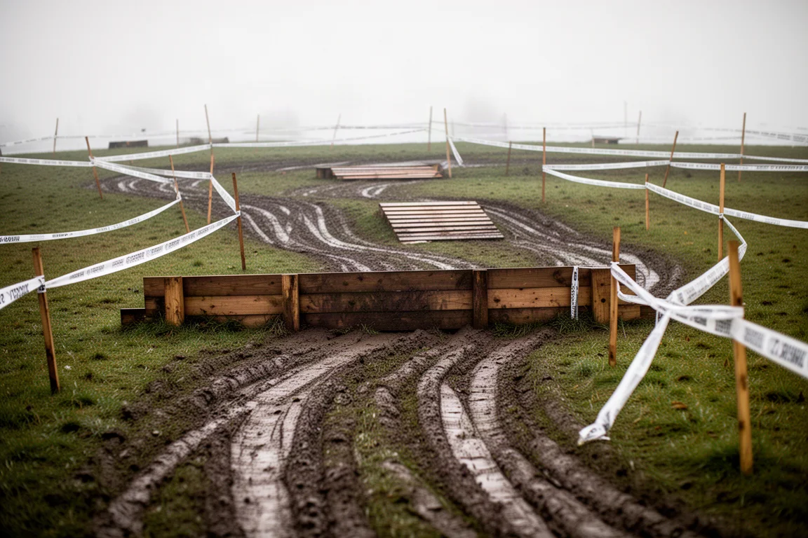 Abgeklebter Cyclocross-Kurs auf feuchtem Gras mit Schlammfurchen und Holzhürden