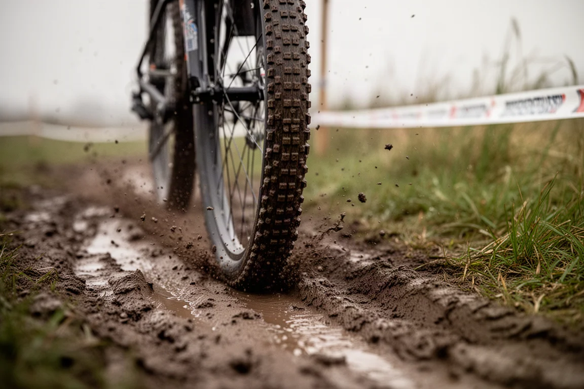 Schmaler Stollenreifen für Cyclocross zieht in einer engen Kurve durch nassen Schlamm
