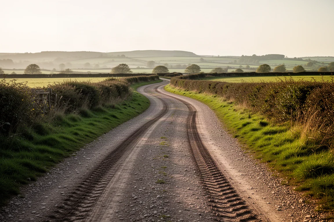 Gravel-Weg schlängelt sich durch offene Landschaft, Reifenspuren im lockeren Splitt
