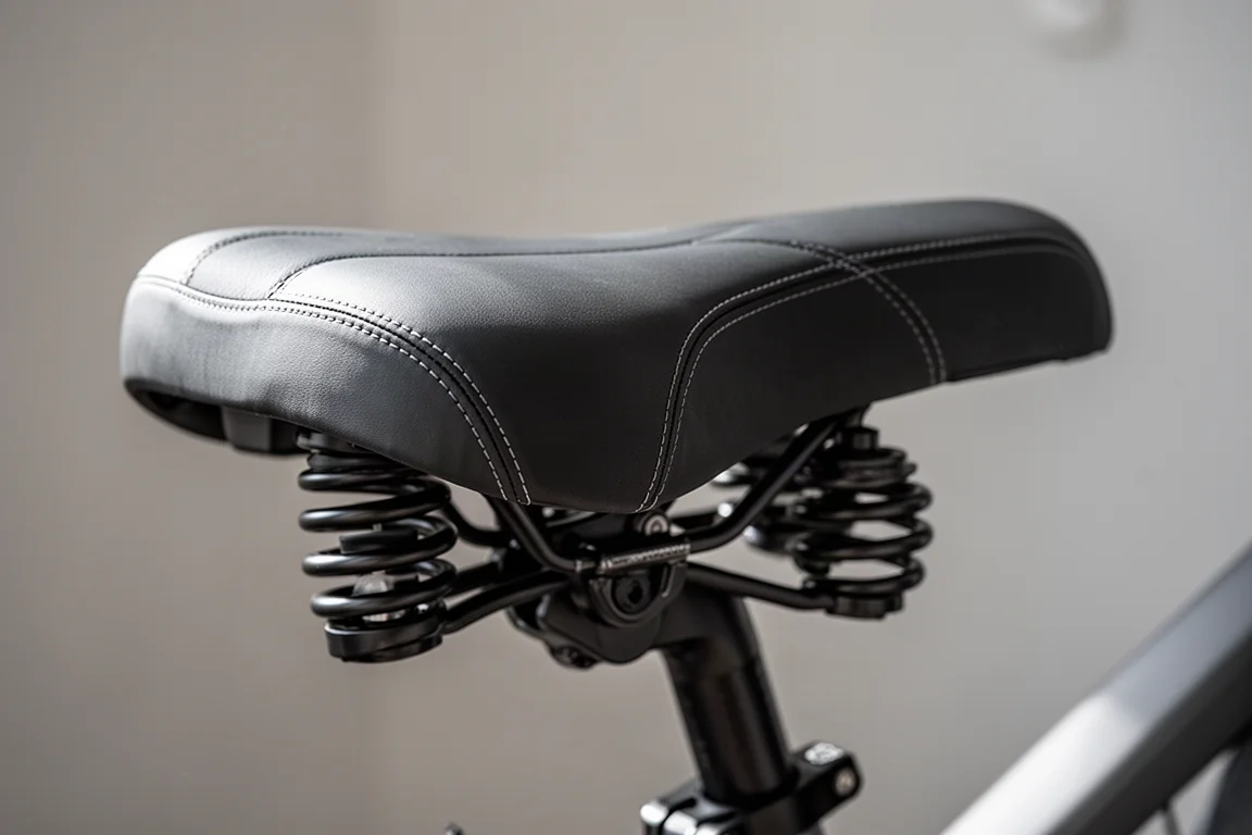Close de um banco largo e confortável de ebike e detalhe da suspensão traseira