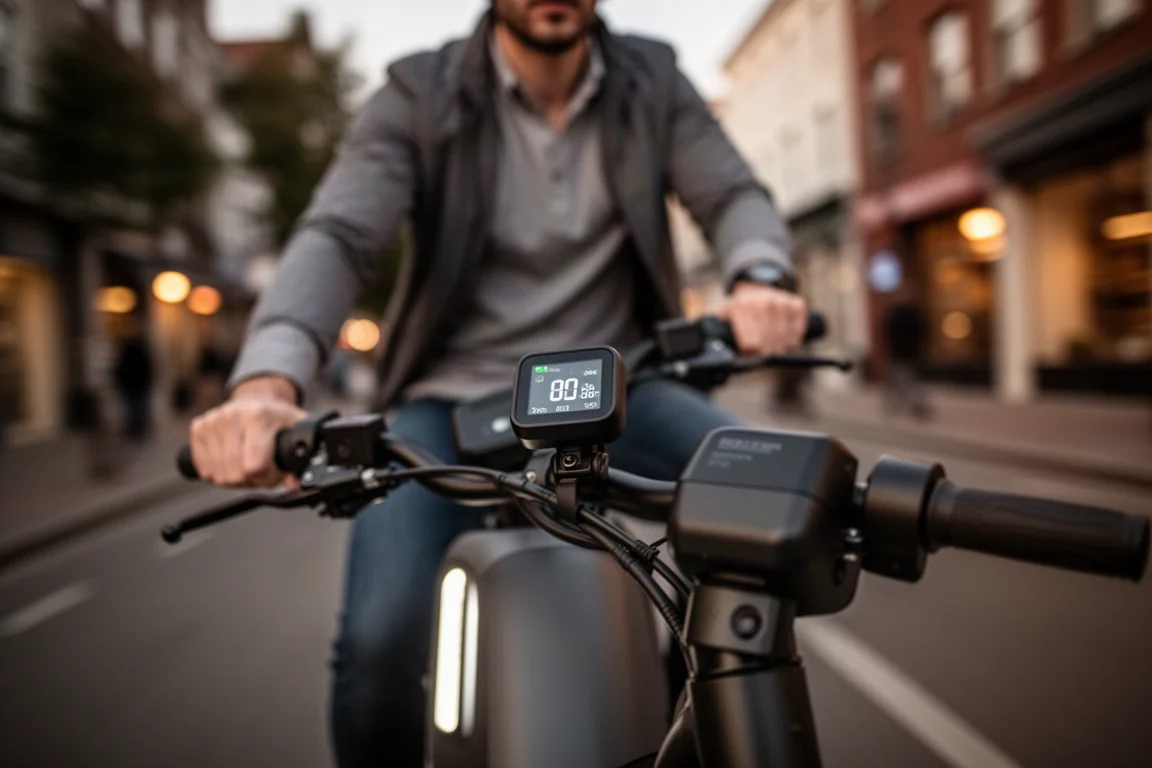Ciclista olhando rapidamente para o display compacto de uma ebike enquanto pedala pela cidade