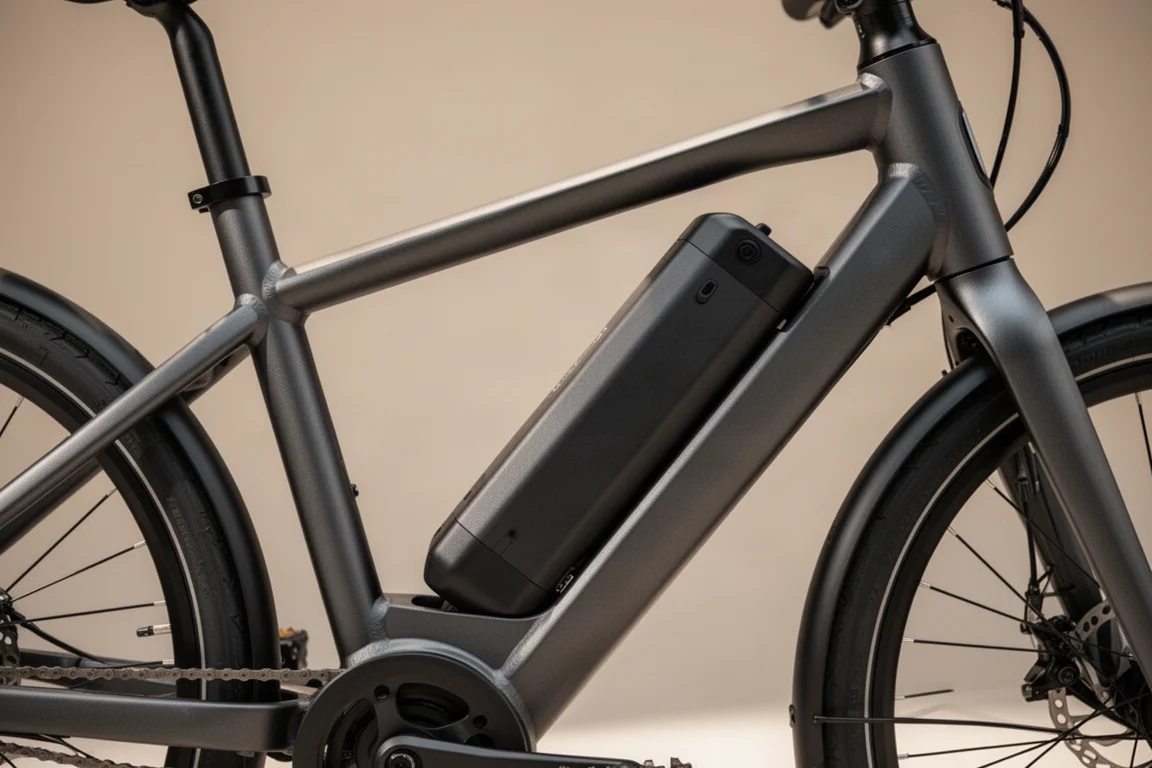 Detalhe do quadro de ebike estilo motoneta mostrando um compartimento de bateria e tubos quadrados
