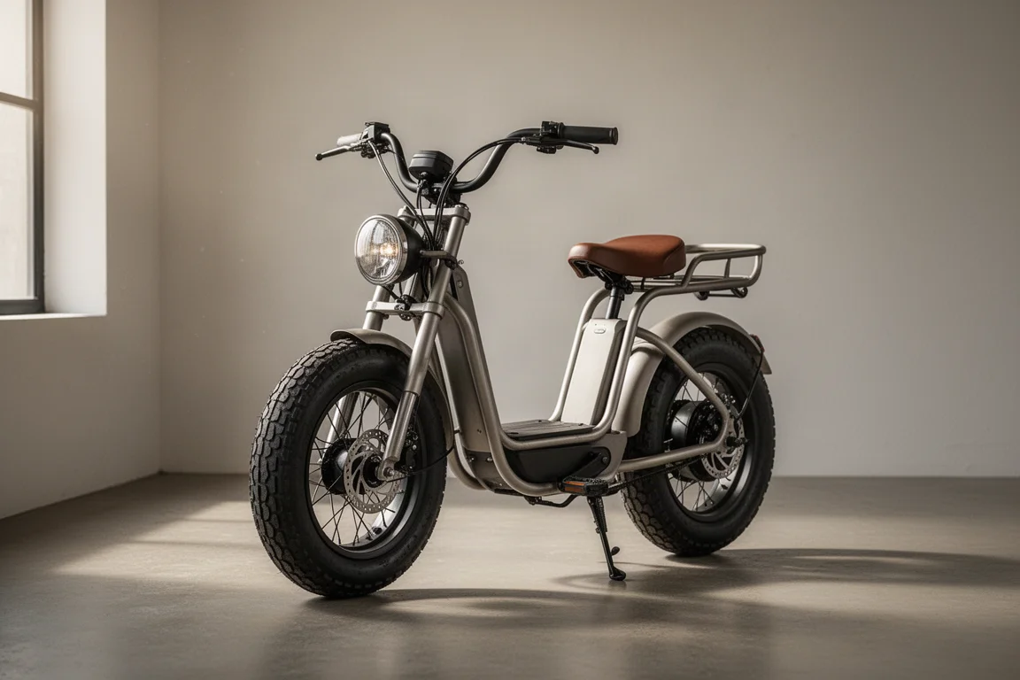 Retro moped-style electric bike with fat tires on a concrete surface