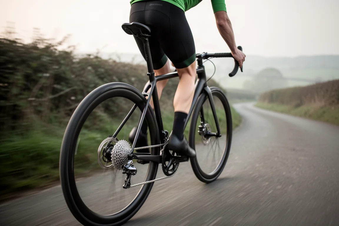 Cycliste ouvrant le maillon rapide d'une chaîne de vélo avec un petit outil métallique à côté d'un dérailleur arrière