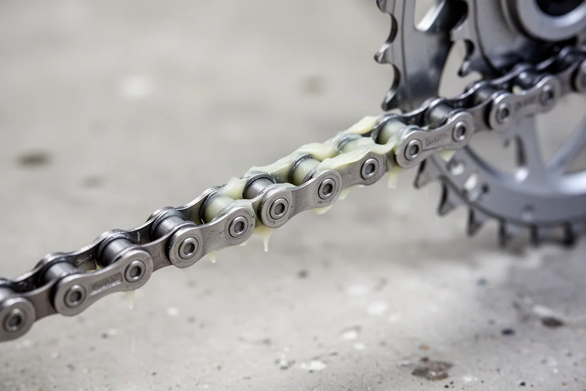 Chaîne de vélo enroulée dans du wax fondu à l'intérieur d'une unité de waxing chauffante compacte