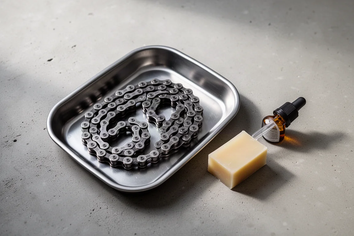 Cycliste nettoyant à la brosse une cassette arrière et des plateaux avant de monter une chaîne waxée