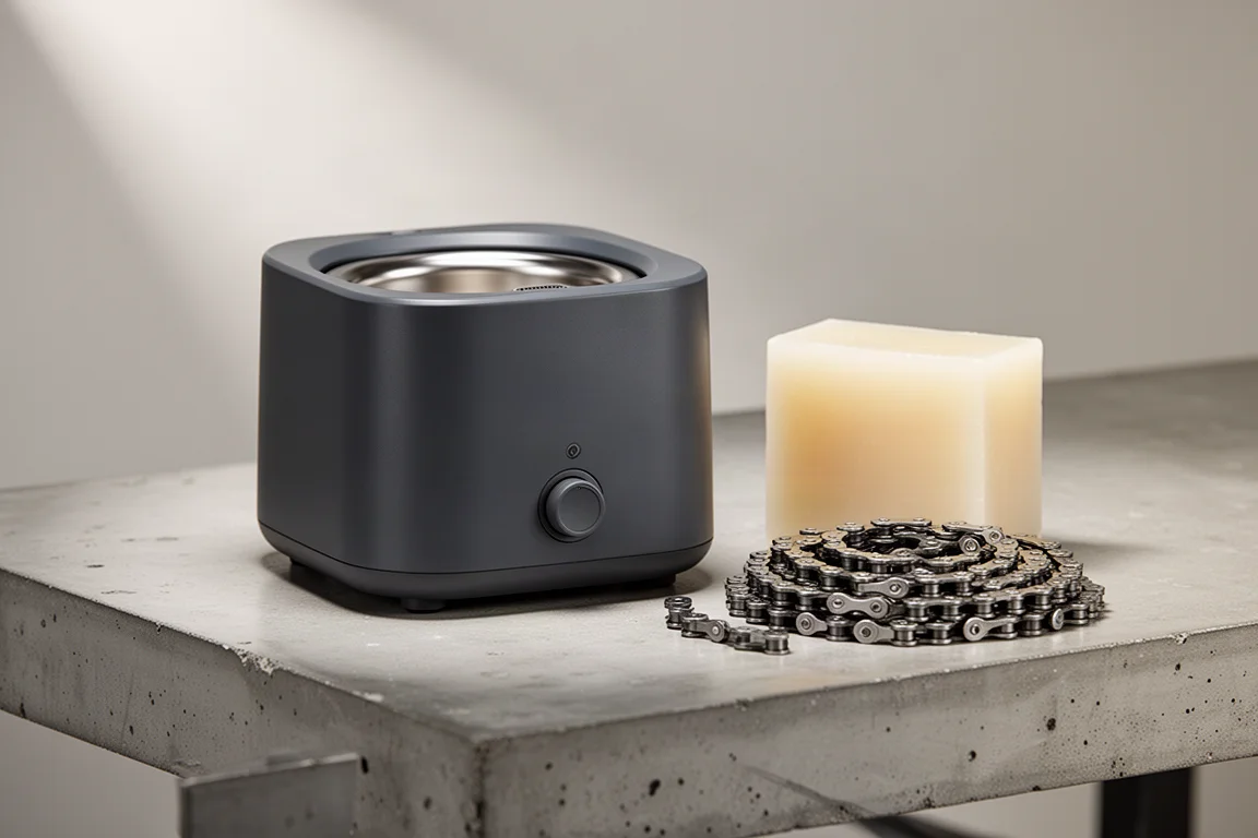 コンクリート面に並べられた Cyclowax Performance Wax Kit のヒーター、ワックスブロック、チェーンスプール