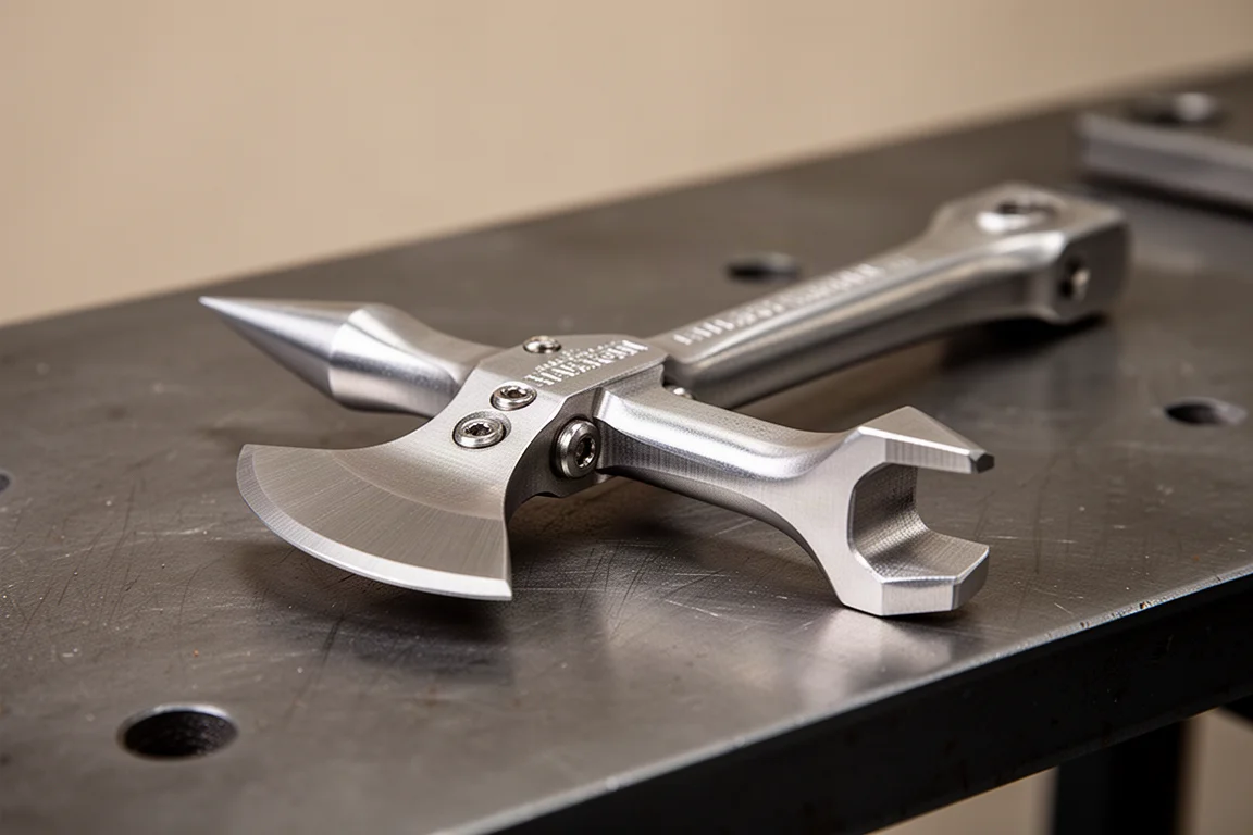 Handtellergroßes Hebelwerkzeug aus Titan im Halligan-Stil flach auf einer Werkbank liegend, mit gut sichtbarer bearbeiteter Kopfdetail