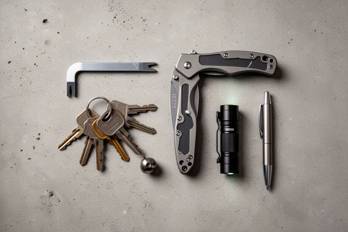 Aufsicht-Flatlay von EDC-Werkzeugen, angeordnet auf einer Betonoberfläche