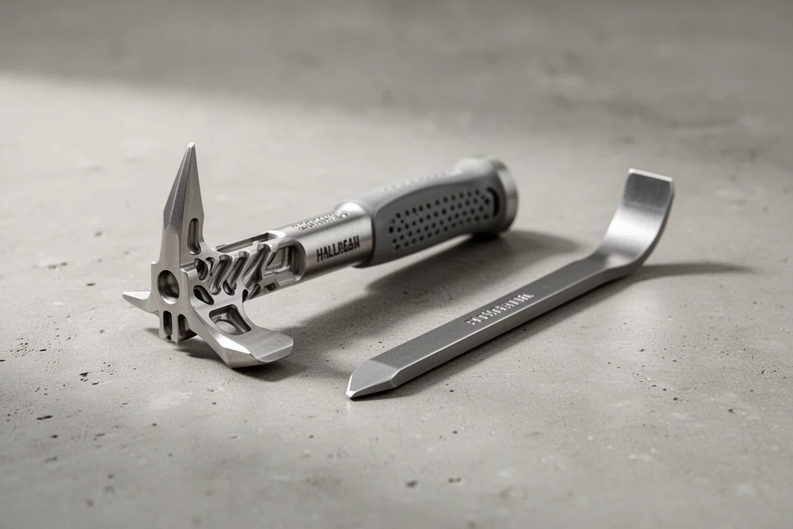 Palm-sized titanium Halligan tool and steel pocket pry bar side by side on concrete