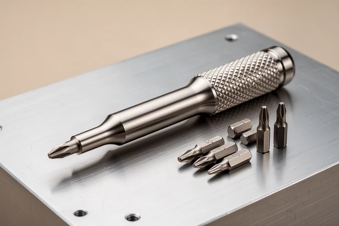 Multibits skruvmejsel i titan med texturerat grepp och bits på ett borstat aluminiumunderlag