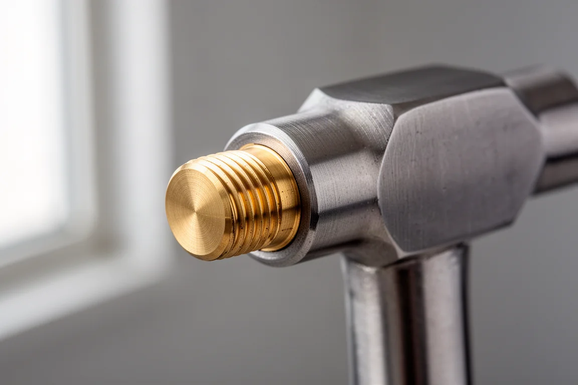 Titanium hammer head showing an interchangeable brass end cap