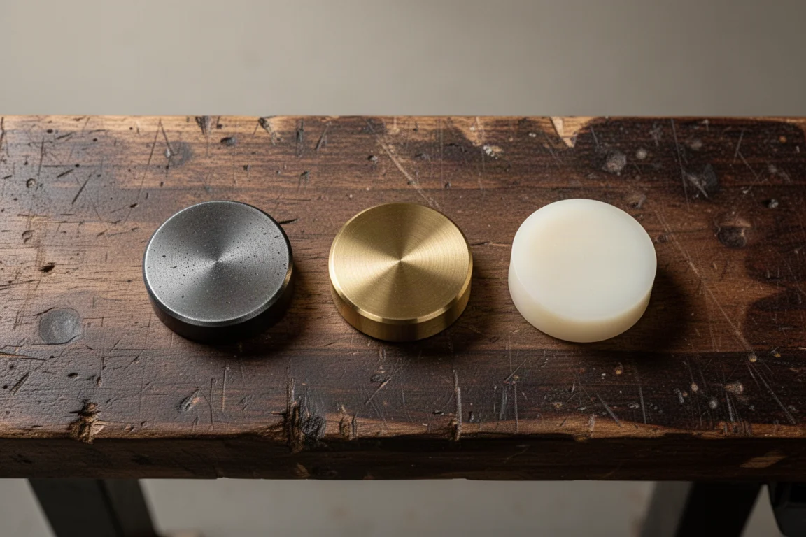 Interchangeable hammer caps in steel, brass, and nylon laid out on a workbench
