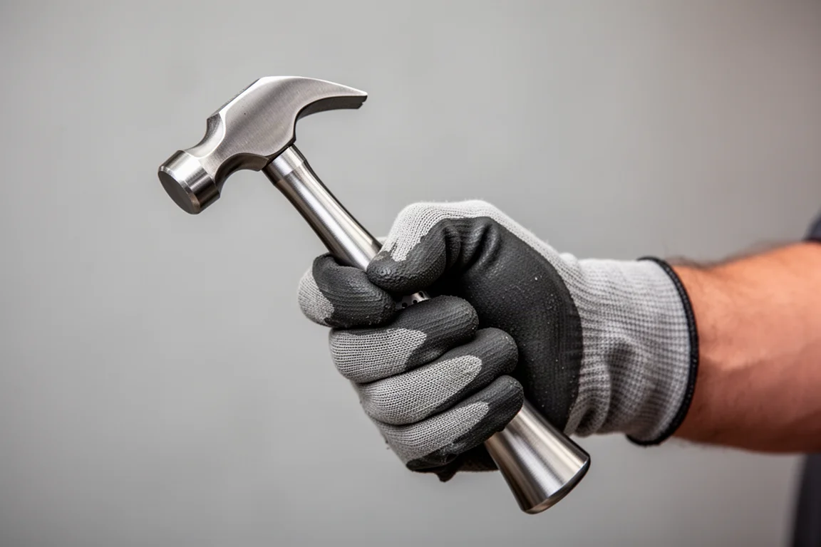 Hand gripping a titanium hammer near the head to demonstrate balance