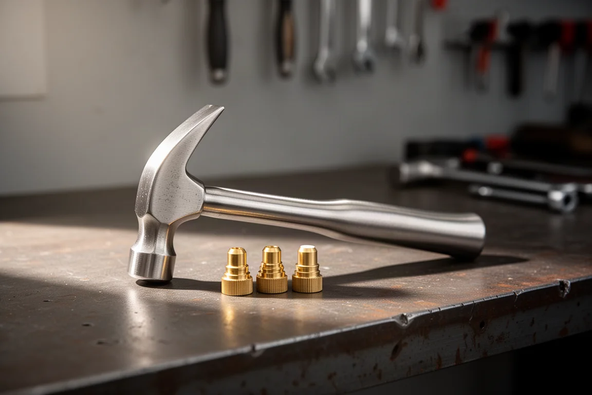 Titanium hammer resting on a workbench beside scattered tool parts
